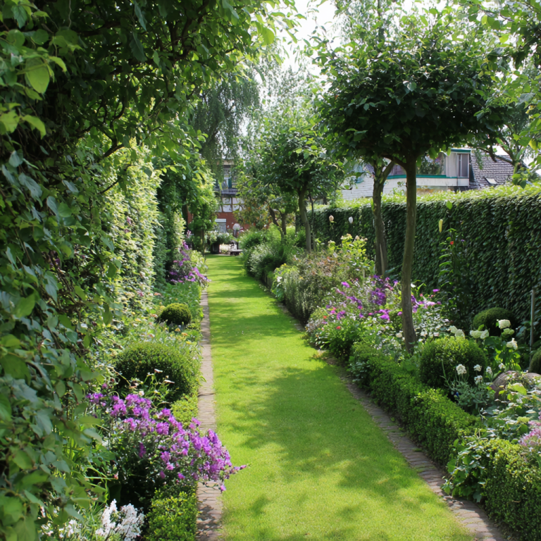 Blühender Gartenweg, gesäumt von Pflanzen und Bäumen, mit bunten Blumenbeeten.